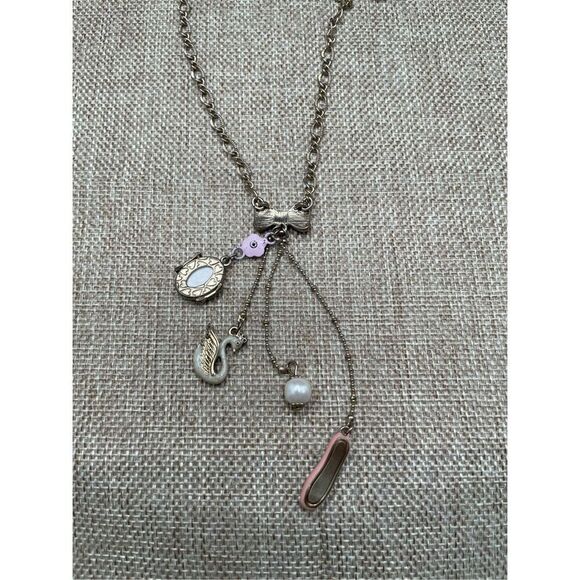 Vintage Betsey Johnson Ballet Theme Necklace Swan Frame Shoe Pearl and Bow - Picture 5 of 7